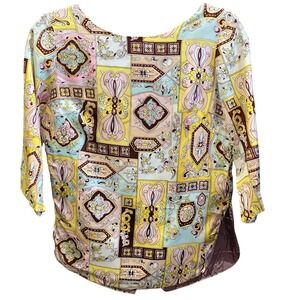 Vintage Herman Geist Silk Lined Button Back Blouse‎ Yellow Pink Tile Print